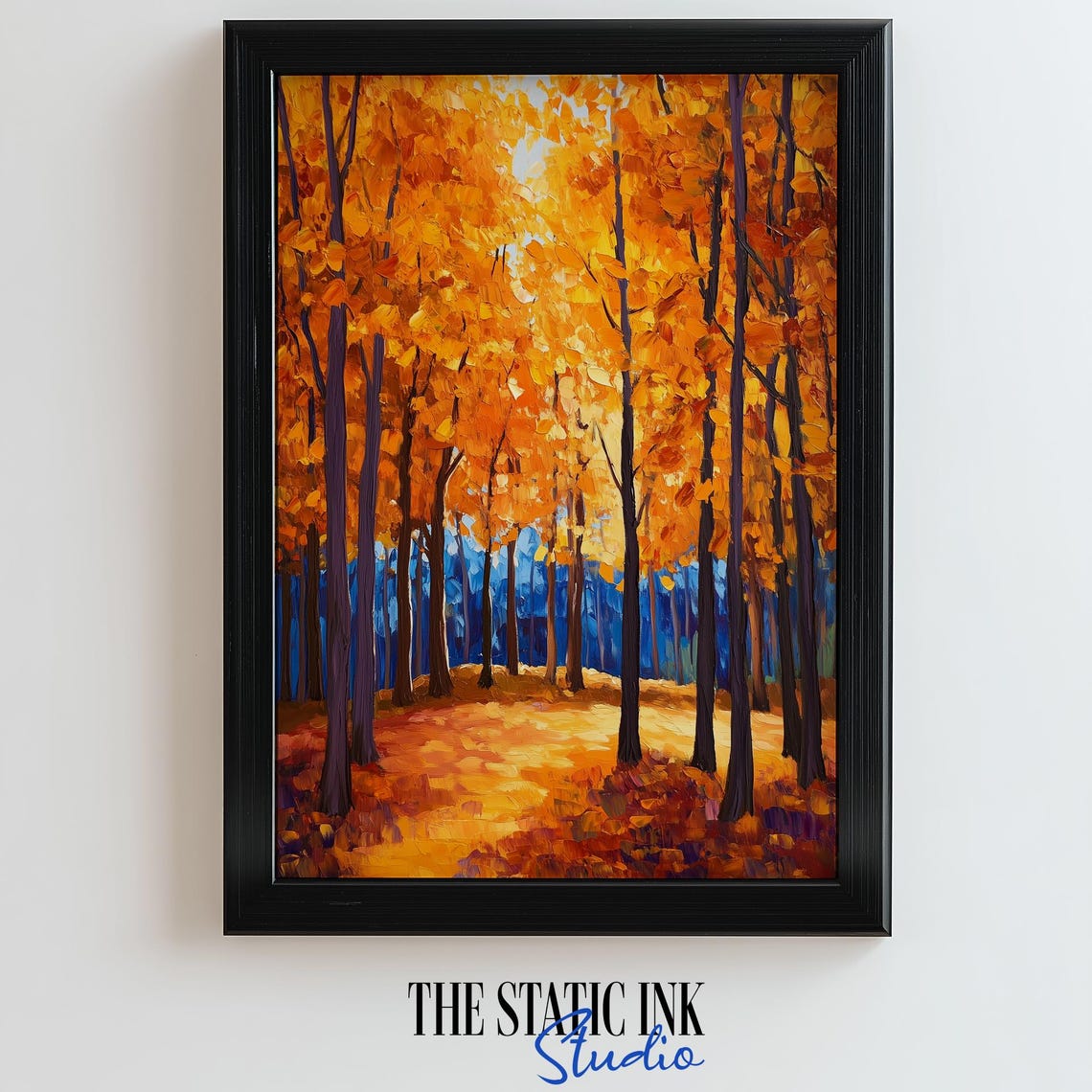 Sunlit Golden Autumn Forest Path With Tall Trees Oil Style Poster