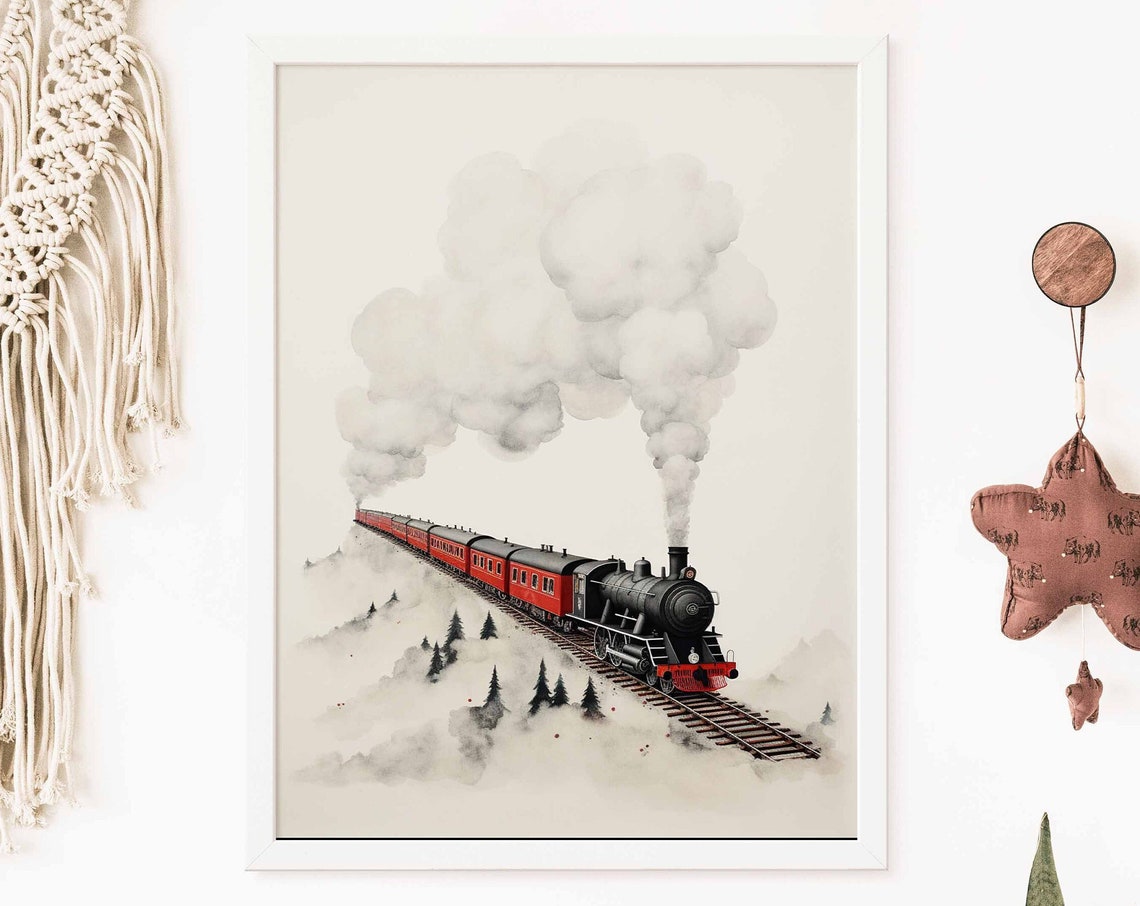 Vintage Red Steam Train Poster Rolling Through Misty Pine Forest