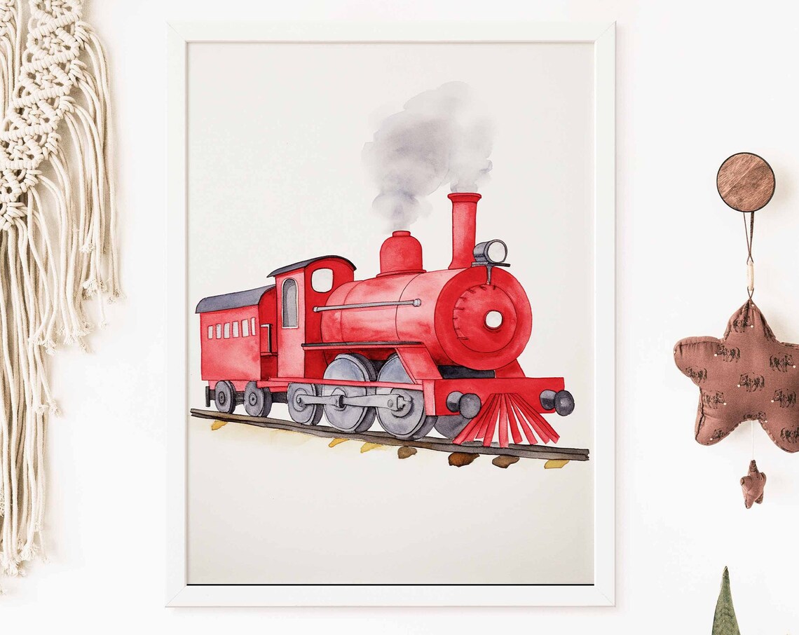 Cheerful Red Steam Locomotive Watercolor Poster for Kids Room