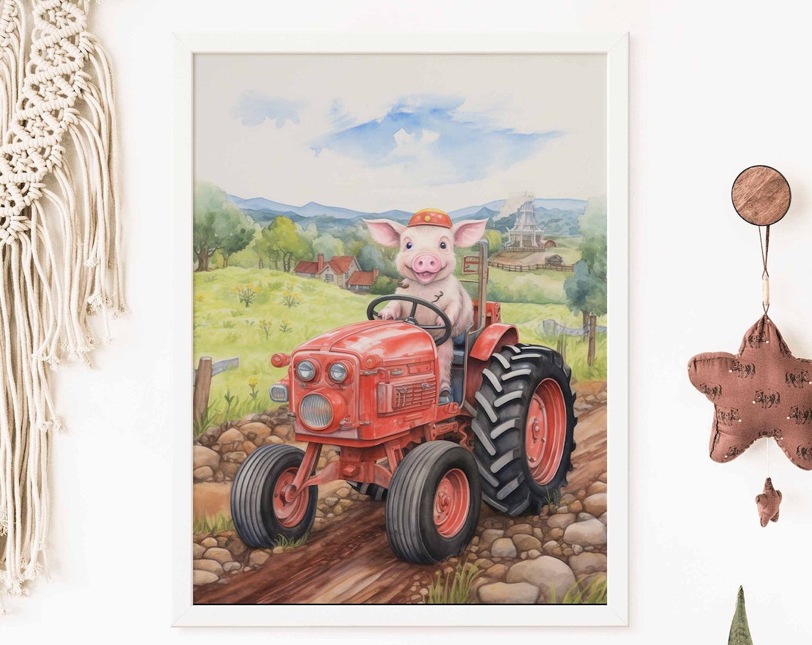 Cute Pig Driving a Red Tractor Poster for Kids Farm Nursery Room