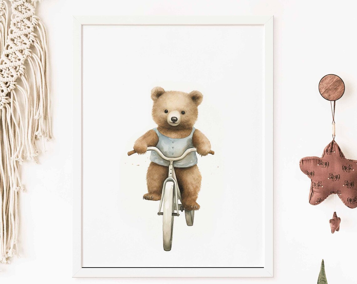 Sweet Teddy Bear in a Blue Vest Riding a Bike Nursery Poster
