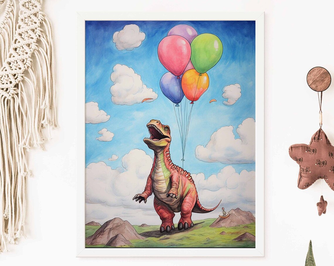 Watercolor T-Rex Looking Up at Balloons Poster for a Kids Room