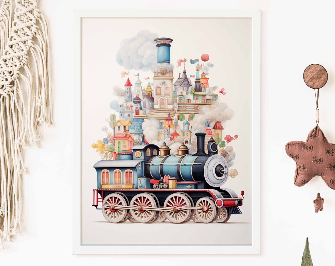 Whimsical Colorful Train Carrying a Village Poster for Kids Room