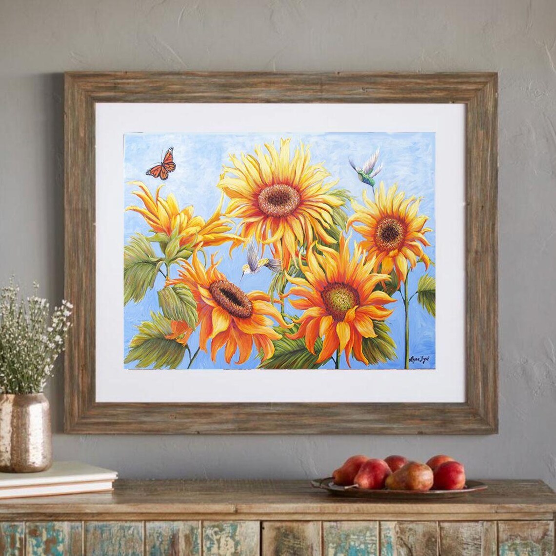 Sunflowers Hummingbird Monarch Butterfly Garden Floral Painting Poster