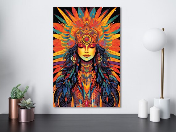 Psychedelic Goddess With Fiery Feather Headdress Spiritual Art Poster