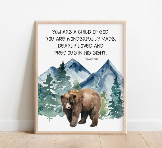 Psalm 139 Child Of God Bear Cub Mountain Watercolor Nursery Poster