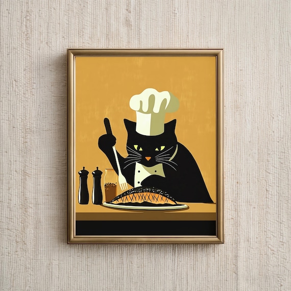 Black Cat Cooking, Cute Cat Portrait Art Print