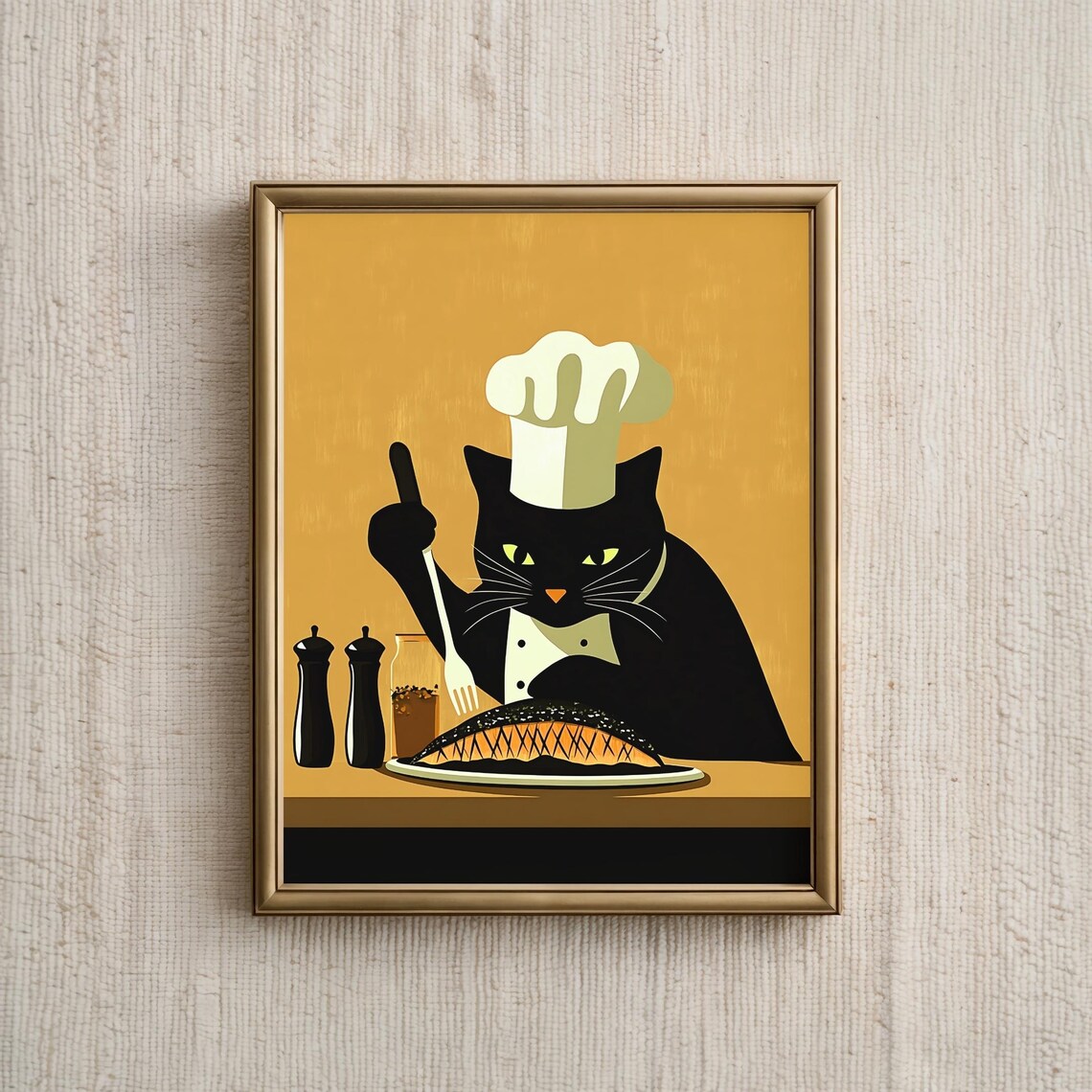 Black Cat Cooking, Cute Cat Portrait Art Print