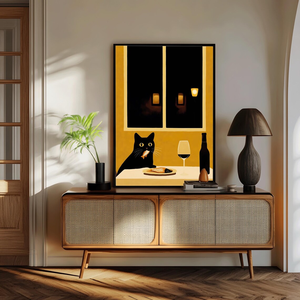 Black Cat Eating Cute Cat Portrait, Kitchen Decor - Image 3