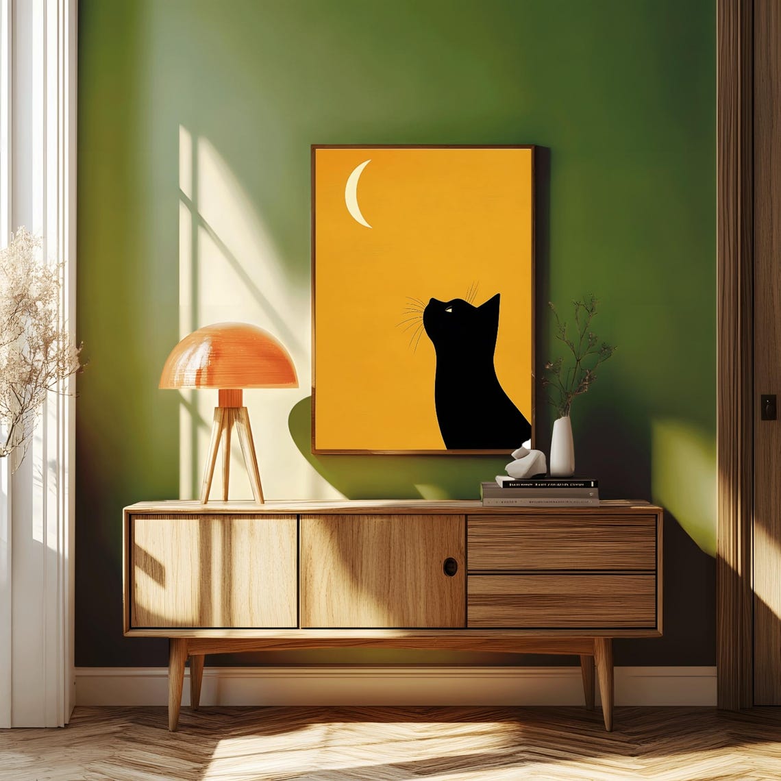 Black Cat And Moon, Whimsical Cat Portrait - Image 3