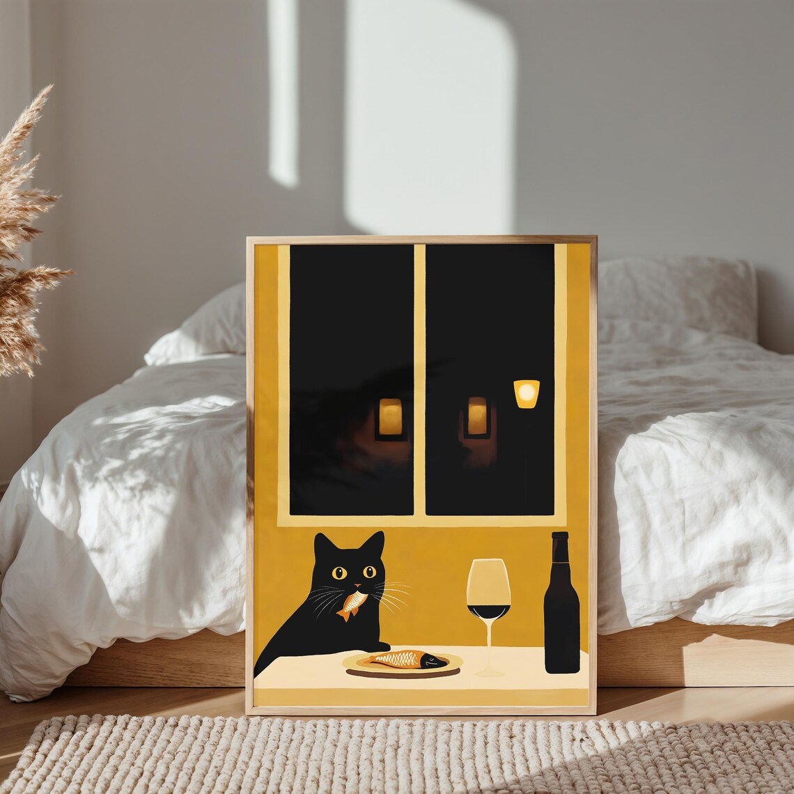 Black Cat Eating Cute Cat Portrait, Kitchen Decor - Image 4