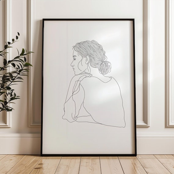 Pensive Woman Line Art Portrait Minimalist Feminine Poster Decor