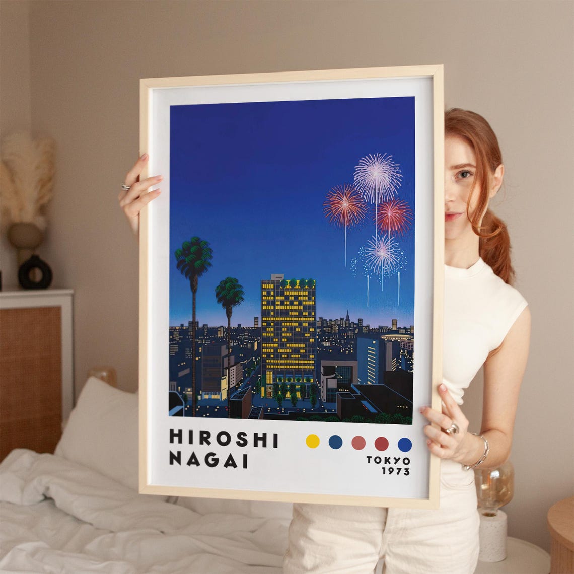 Hiroshi Nagai City Night Skyline Fireworks Festive Retro Art Poster