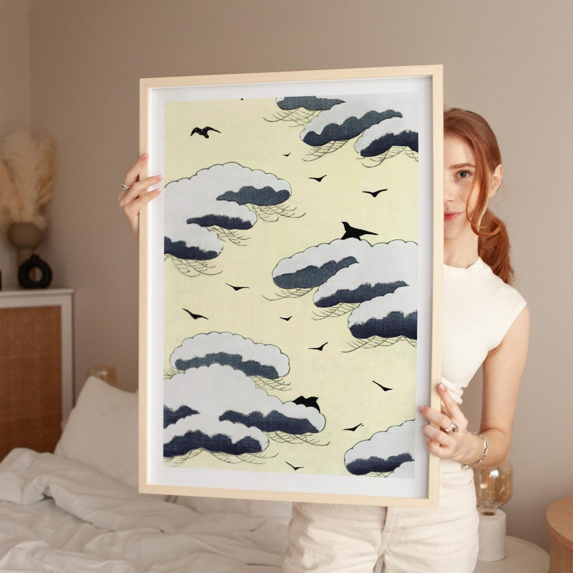 Japanese Woodblock Style Cream Clouds Birds Ukiyo-e Art Print