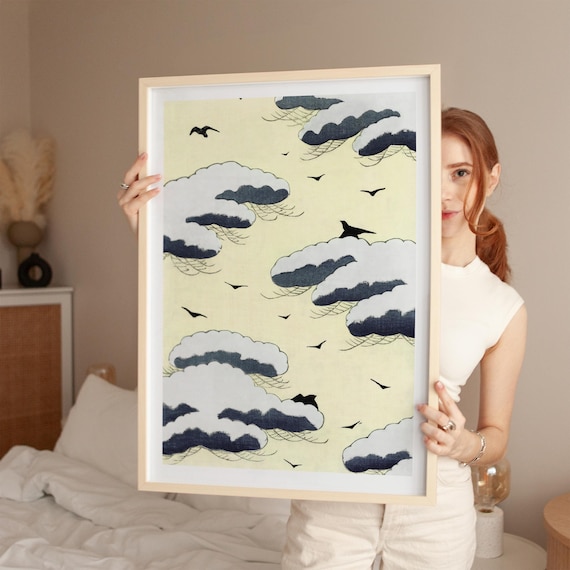 Japanese Woodblock Style Cream Clouds Birds Ukiyo-e Art Print