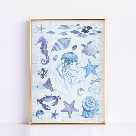 Blue Watercolor Sea Life Chart Ocean Animals Vintage Coastal Poster
