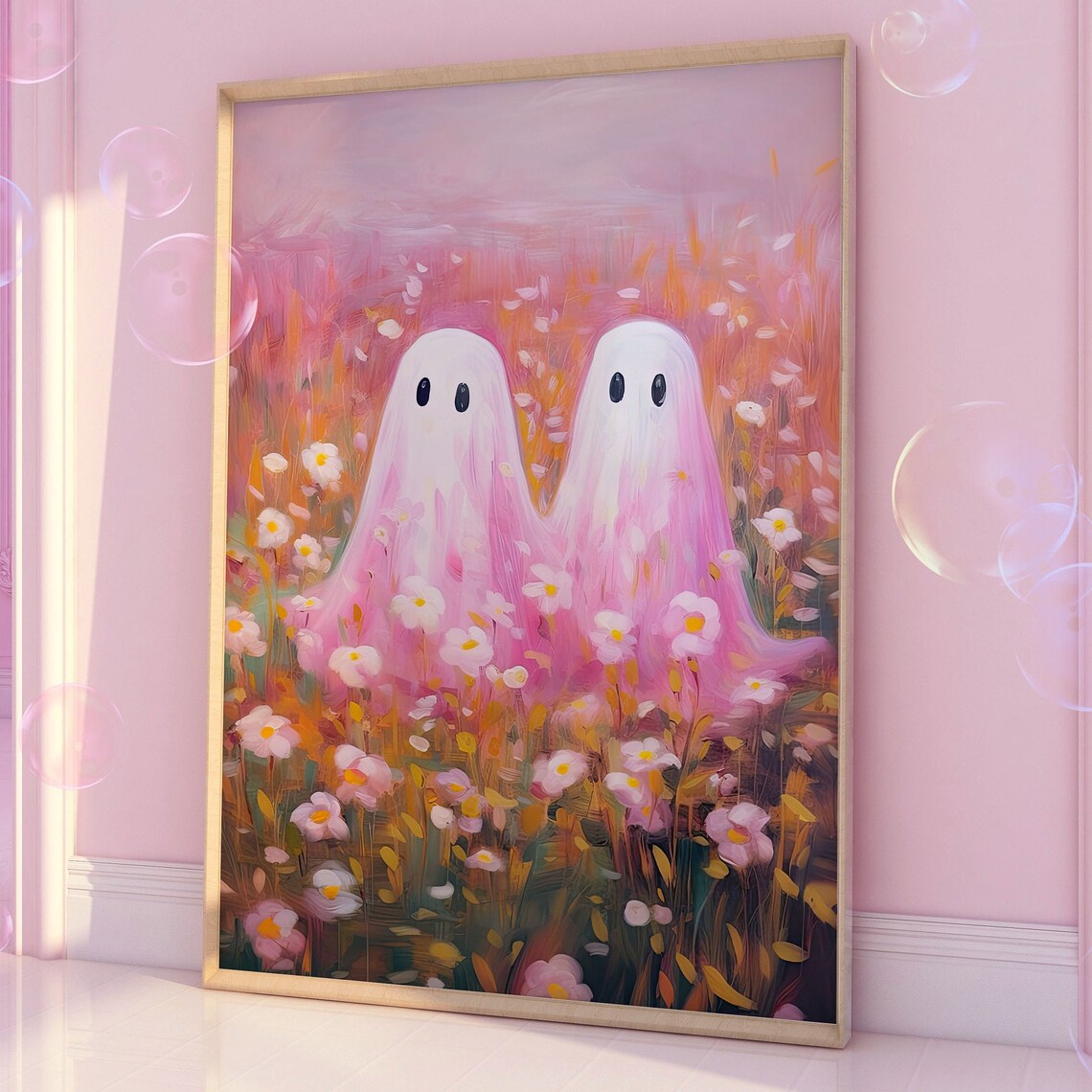 Cute Ghost Couple Pink Wildflower Field Halloween Art Poster