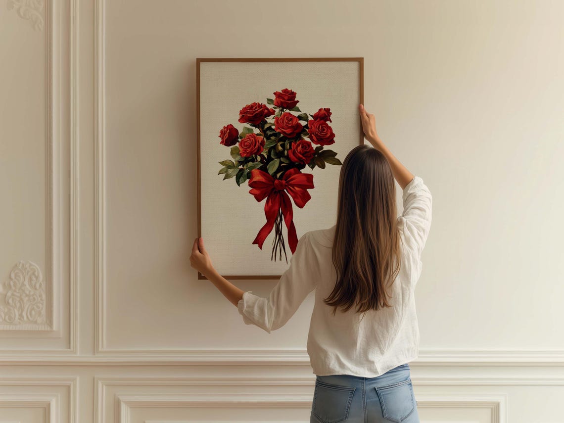 Vintage Red Roses Bouquet With Bow Romantic Floral Painting Poster - Image 2