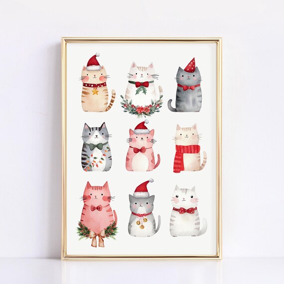 Cute Christmas Cats Physical Print Funny Christmas Wall Art Retro Winter Cats Christmas Home Decor Funny Cat Watercolor Print Cat Lover Gift