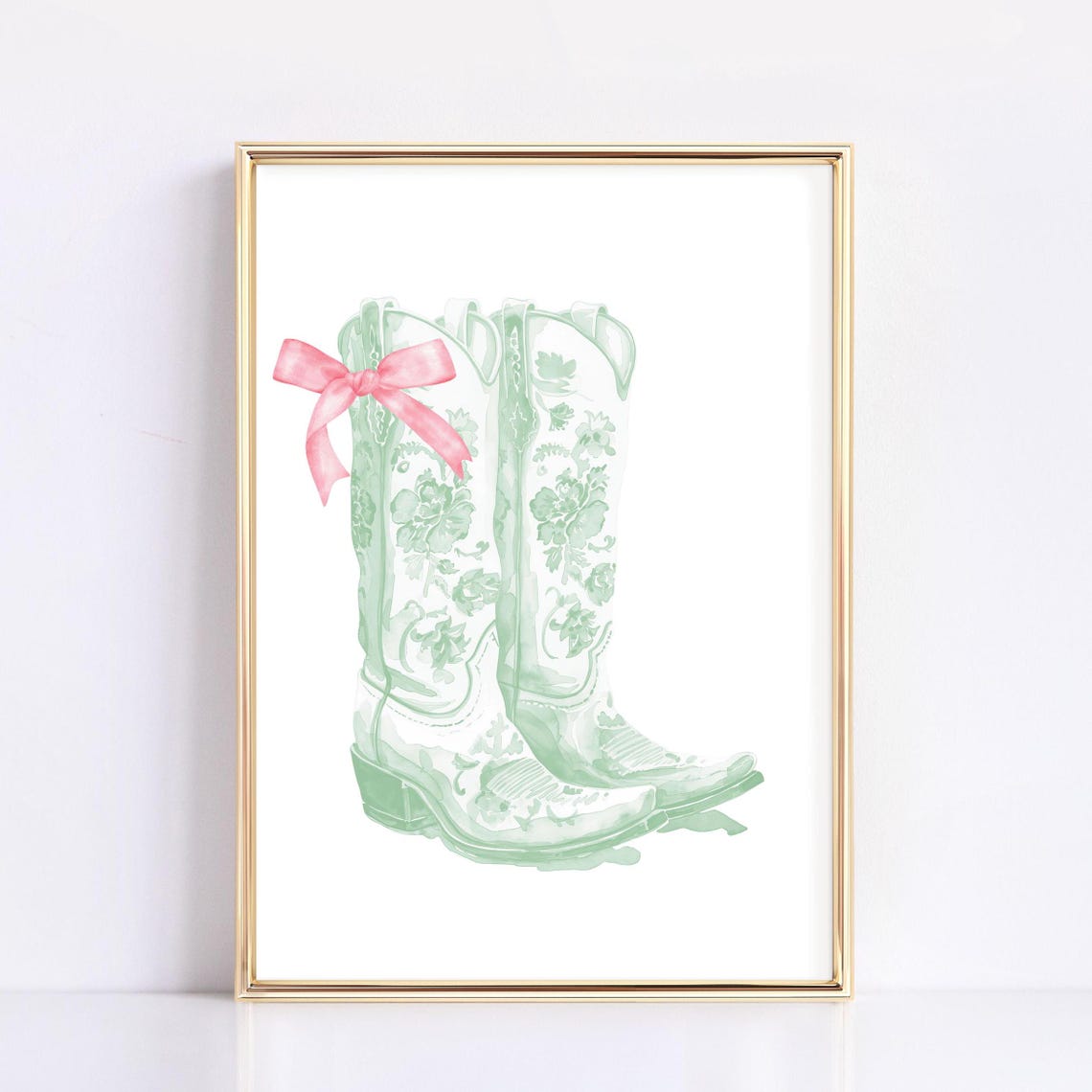 Floral Sage Green Cowboy Boots with a Pink Bow Watercolor Poster