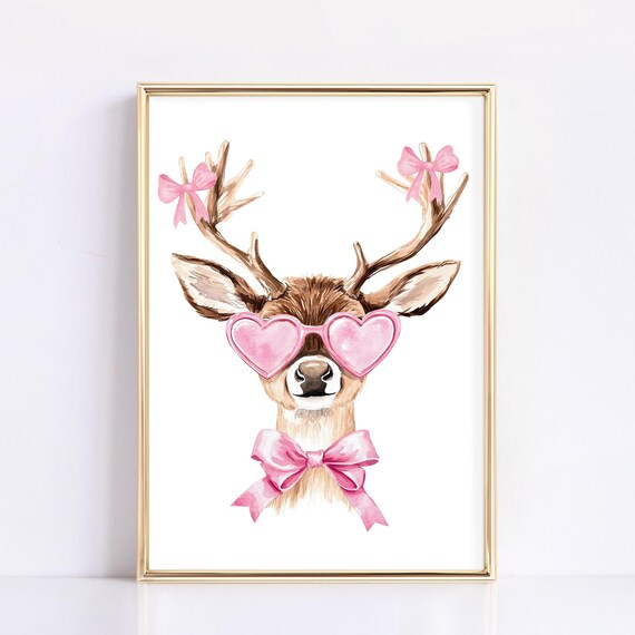 Coquette Reindeer With Bow Pink Christmas Physical Wall Art Pink Deer Cute Christmas Home Decor Trendy Reindeer Print Pink Xmas Ribbon Art