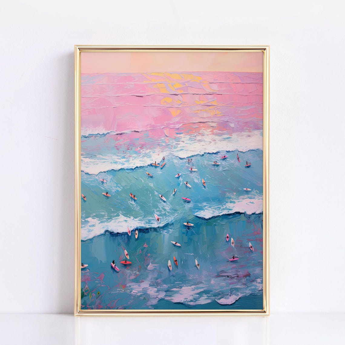 Aerial Surfers at Sunset in Pink and Teal Ocean Waves Poster