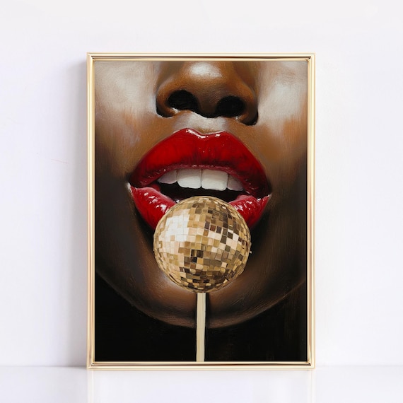 Red Lips Gold Disco Ball Lollipop Dramatic Glam Pop Art Poster