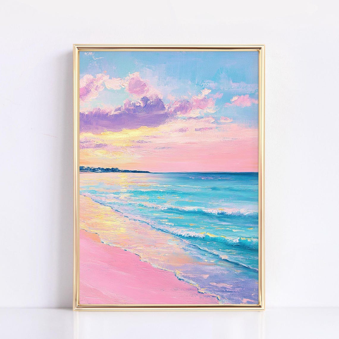 Pastel Beach Sunset Painting Pink Sand Turquoise Waves Art Poster