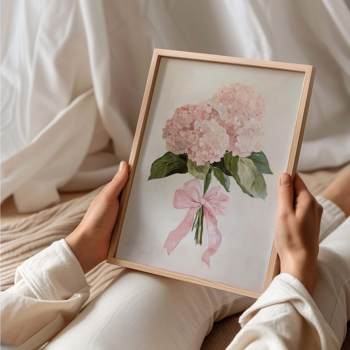 Blush Pink Hydrangea Bouquet with a Pink Ribbon Painting Poster - Image 2