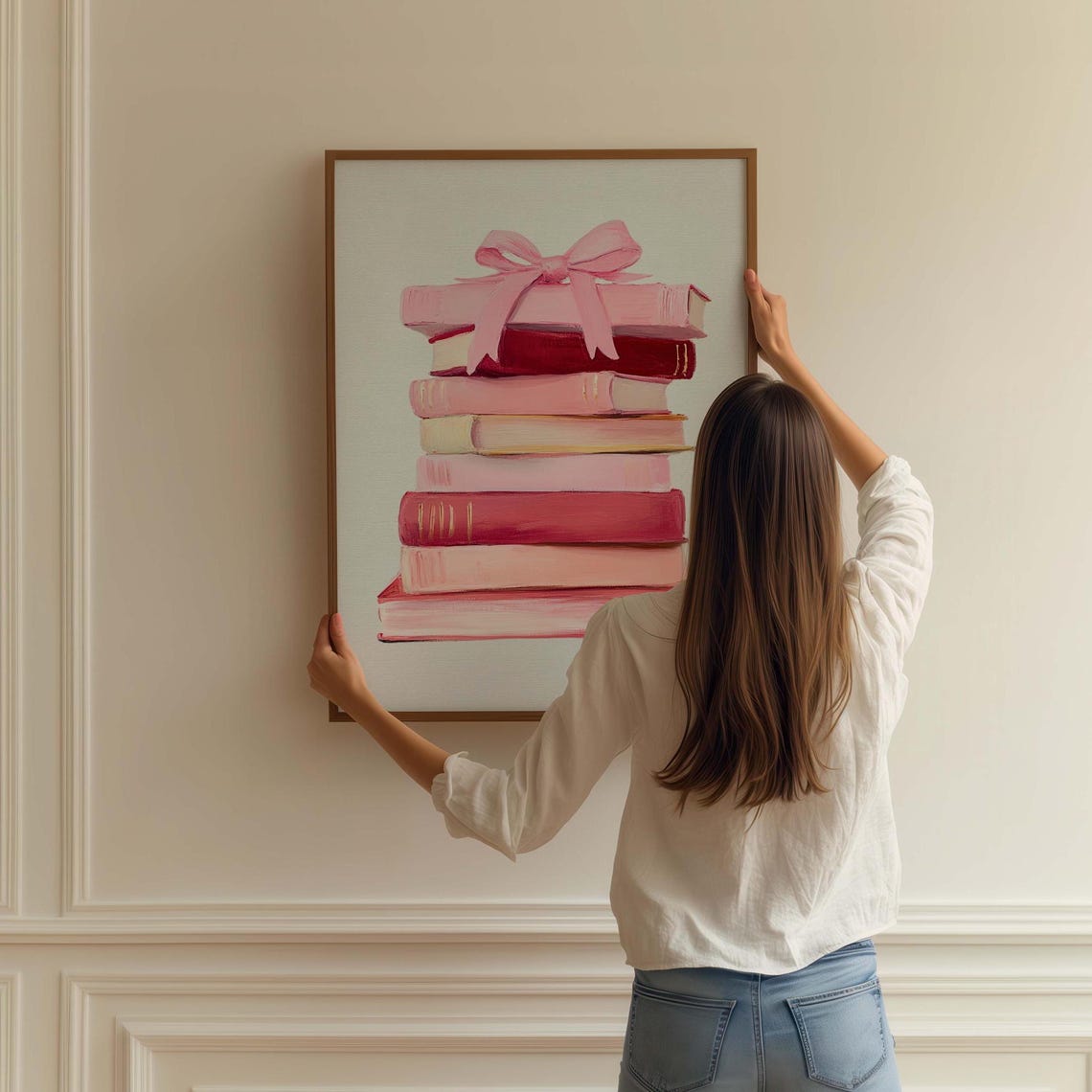 Pink Book Stack With Ribbon Bow Coquette Book Lover Gift Poster - Image 2