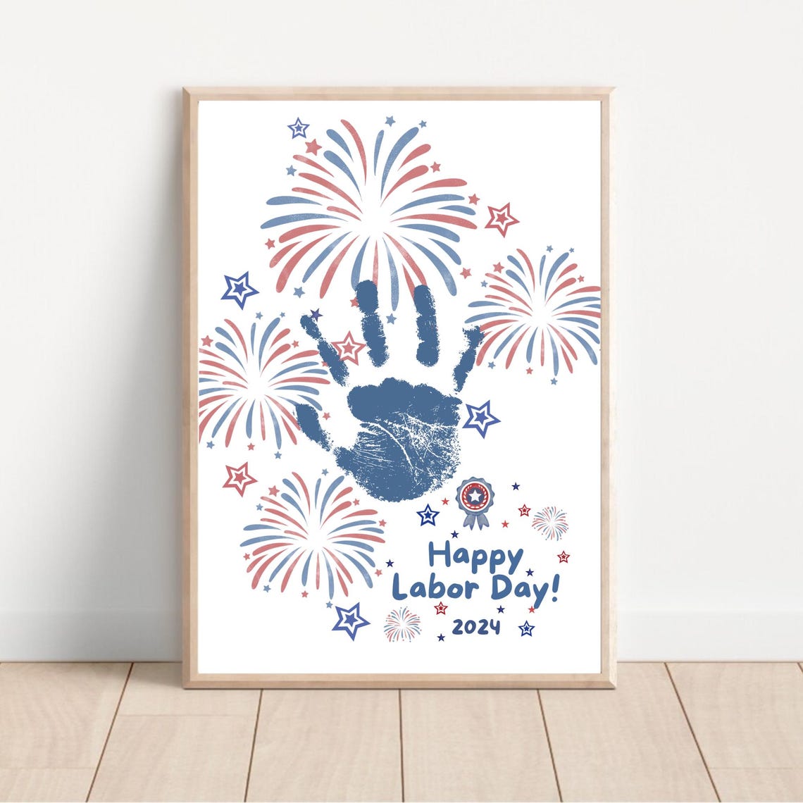 Happy Labor Day 2024 Blue Handprint Patriotic Fireworks Kids Craft Art