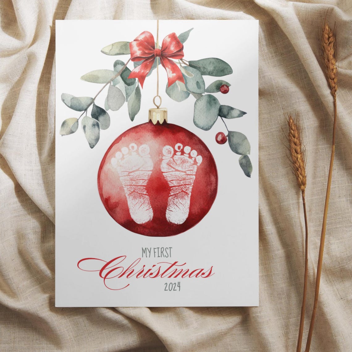 My First Christmas Red Ornament Baby Footprint Eucalyptus Bow Keepsake - Image 2