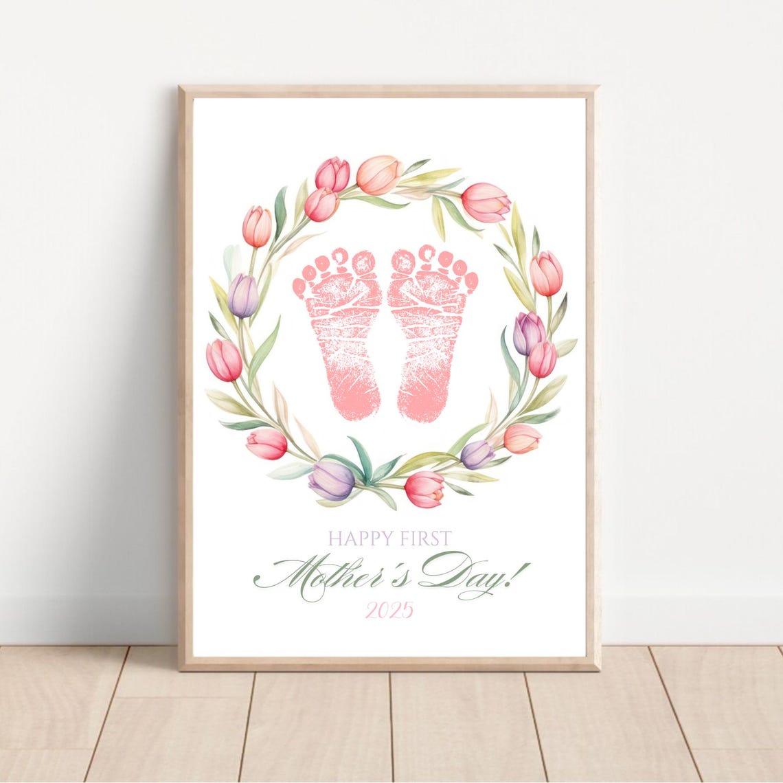 Baby Footprint First Mother's Day Pink Tulip Wreath Keepsake Poster - Image 2