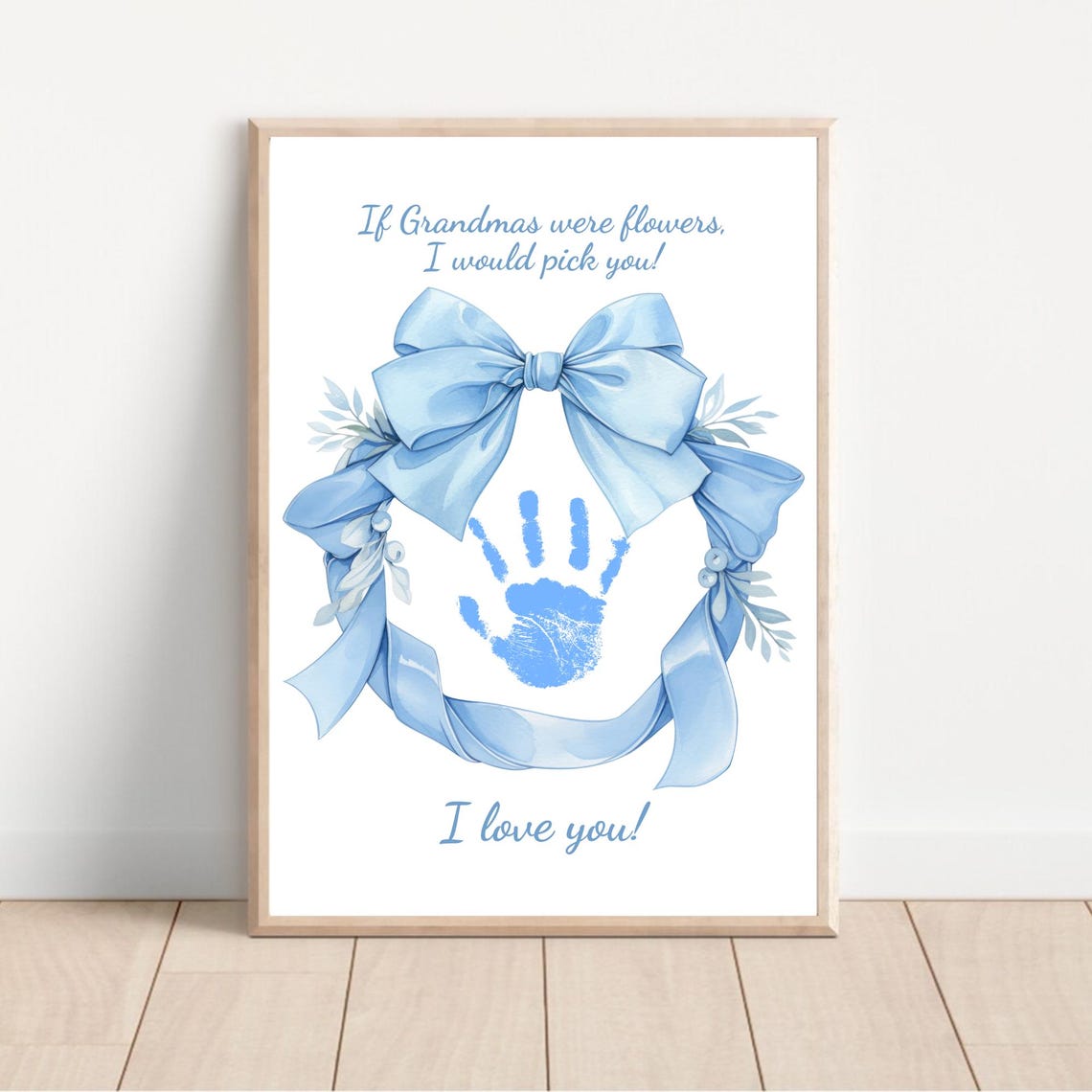 Baby Handprint Grandma Day Blue Bow Ribbon Wreath Keepsake Poster - Image 2