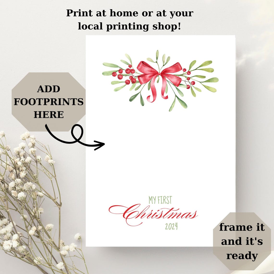 My First Christmas Red Footprint Mistletoe Bow Baby Keepsake Art Print - Image 2