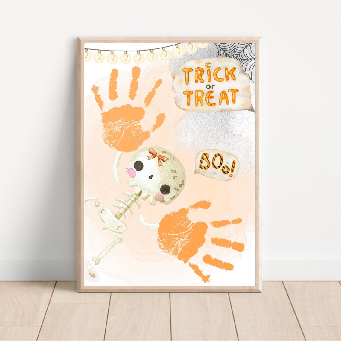Trick or Treat Boo Baby Handprint Skeleton Bow Halloween Keepsake Art Poster