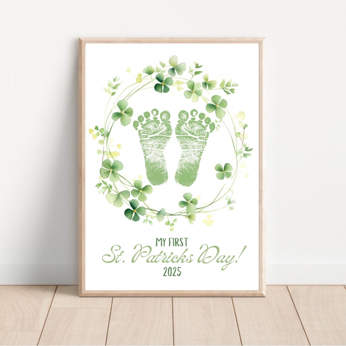 My First St Patricks Day Green Footprint Shamrock Wreath Keepsake Print - Image 2