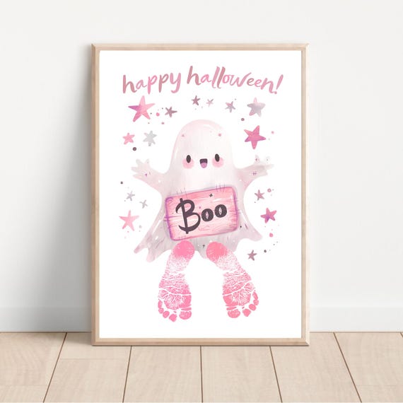 My First Halloween Footprint Art Poster Cute Kids Halloween Wall Print Pink Halloween Decor