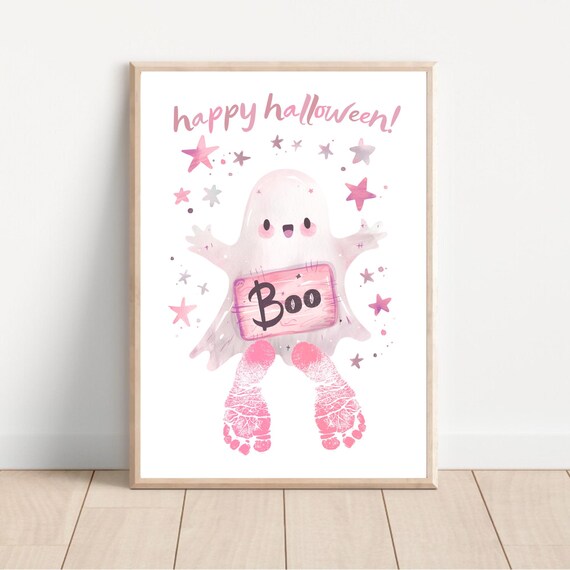 Pink Happy Halloween Baby Footprint Ghost Boo Sign Keepsake Art Poster