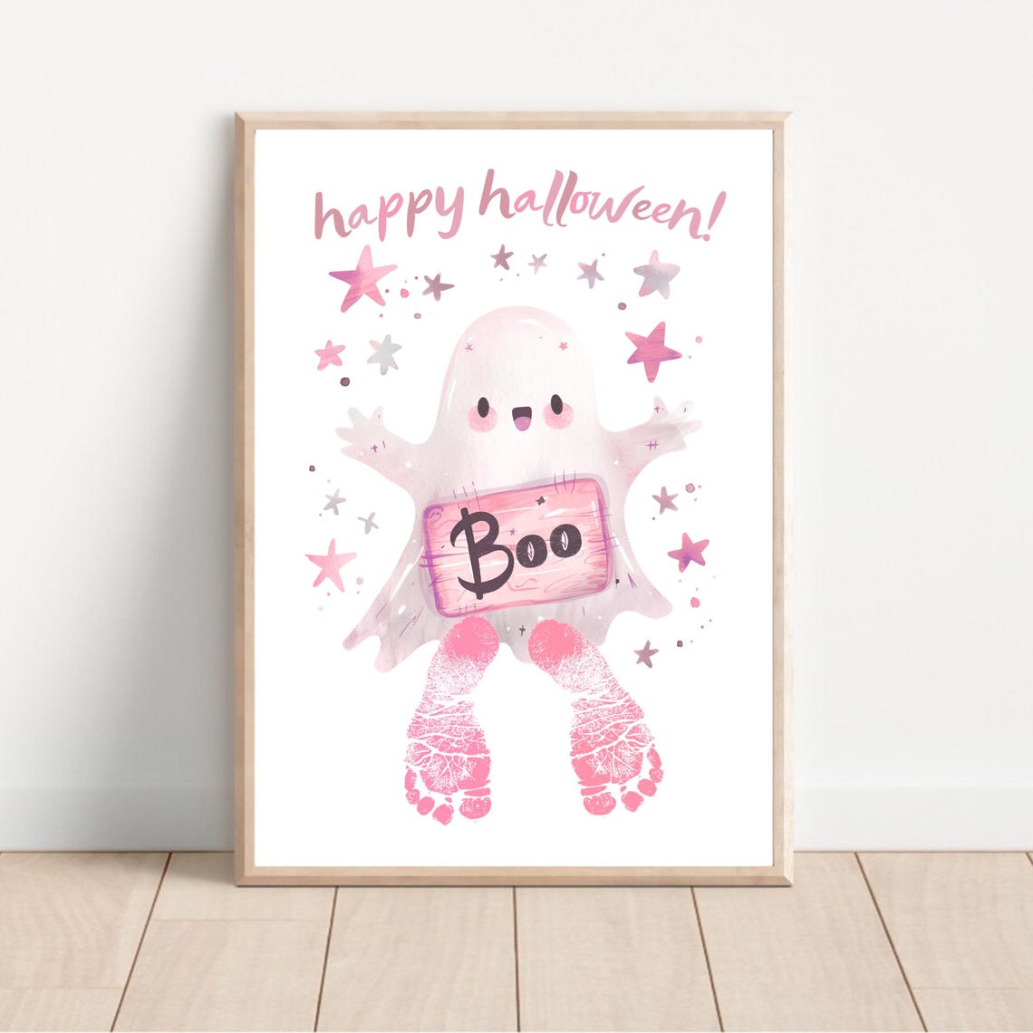My First Halloween Footprint Art Poster Cute Kids Halloween Wall Print Pink Halloween Decor