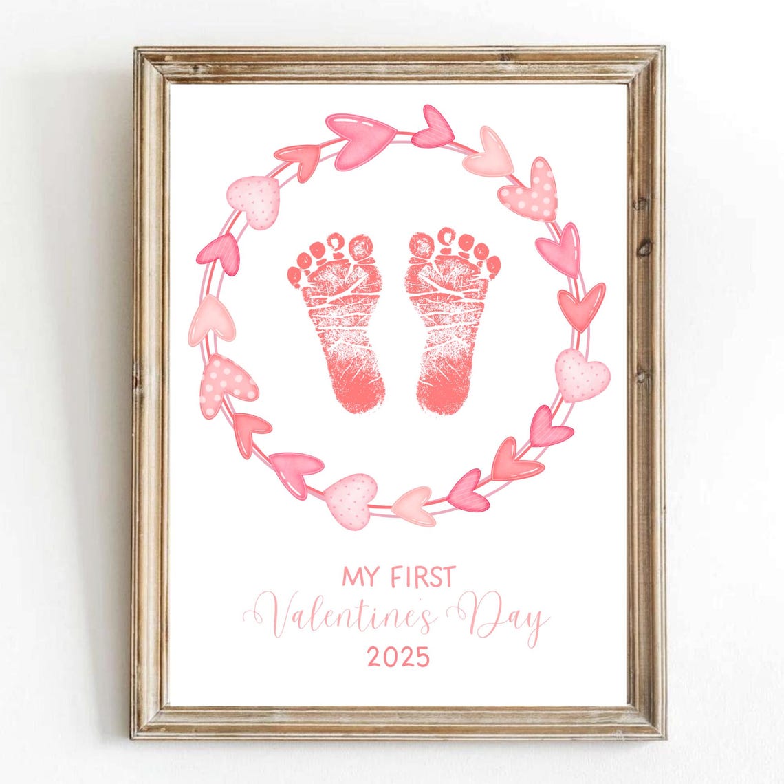 My First Valentines Day Red Footprint Pink Heart Wreath Keepsake Print