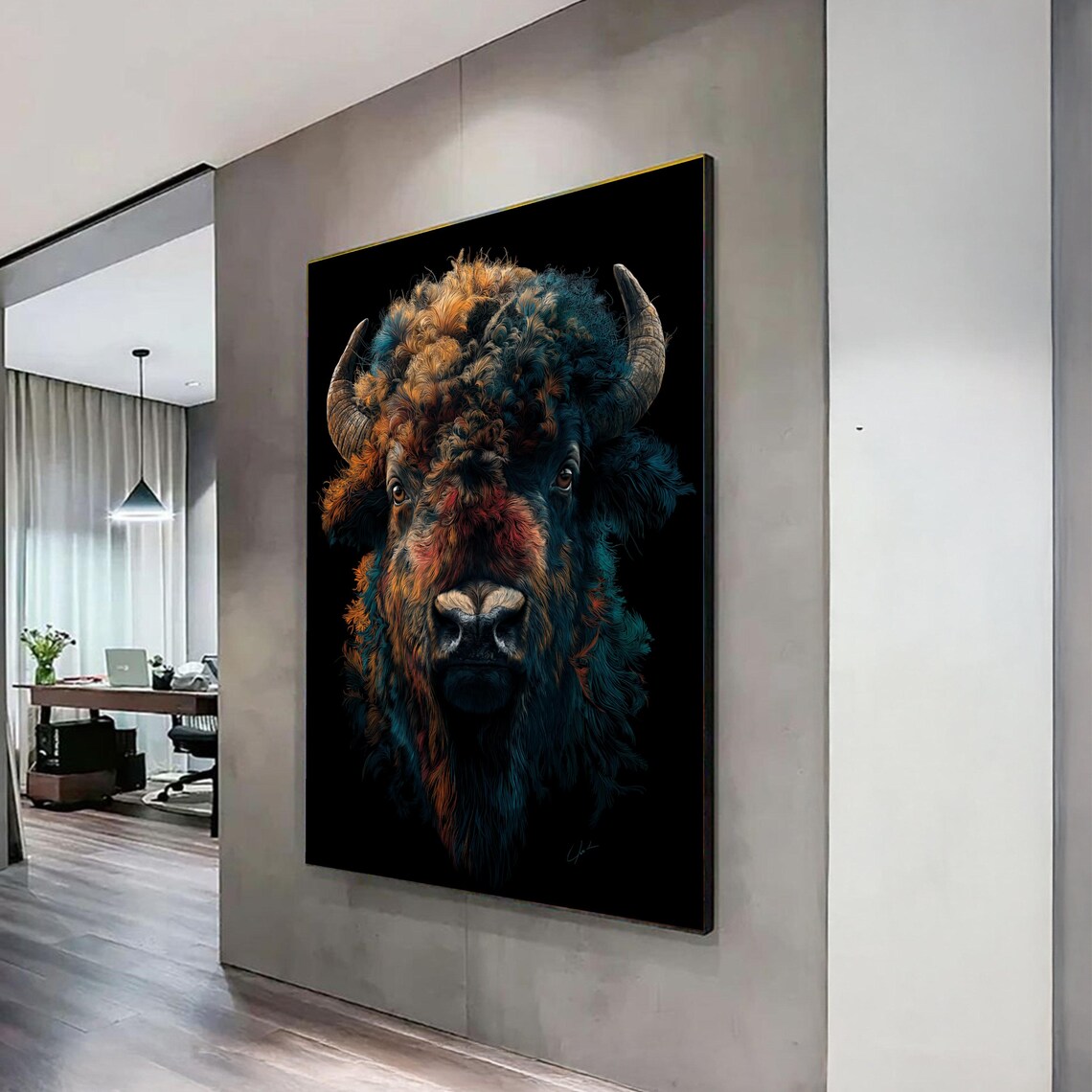 Colorful Buffalo Bison Portrait Black Background Modern Wildlife Poster