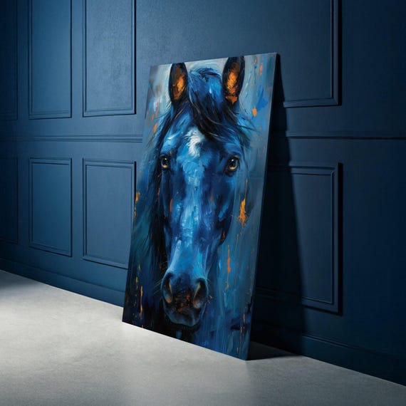 Majestic Blue Horse Canvas Wall Art Abstract Animal Portrait Modern Equine Painting Bold Texture Contemporary Home Decor