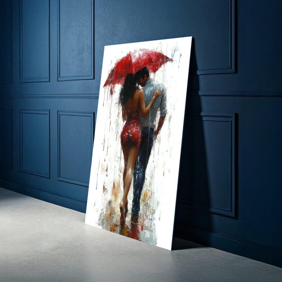 Romantic Couple Under Red Umbrella Canvas Abstract Love Painting Couples Wall Art Rainy Day Romance Modern Home Decoration