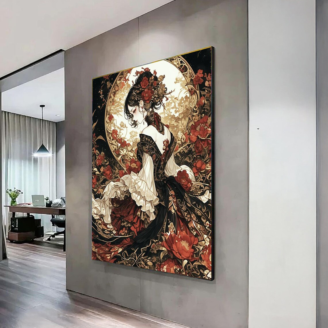 Elegant Kimono Woman In Floral Gown Moonlit Ornate Portrait Poster