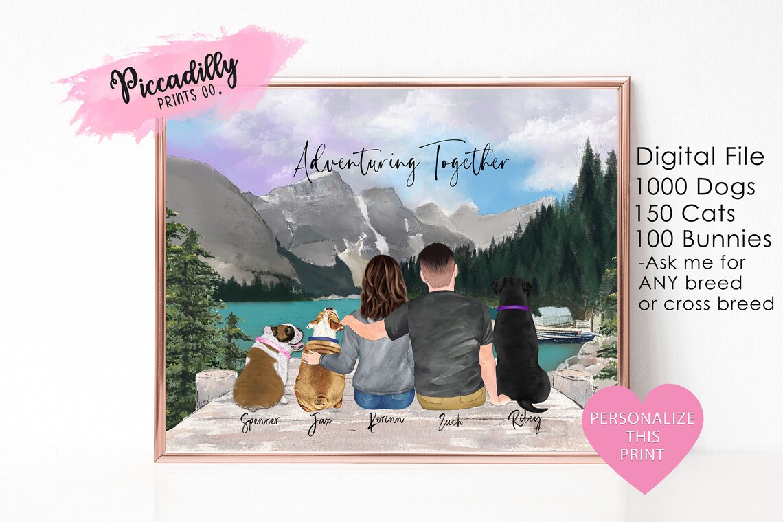 Personalized Couple Portrait With Pets Adventure Print