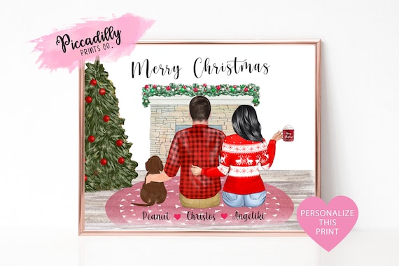 Custom Christmas Family Portrait, Personalized Couple With Pet Print
