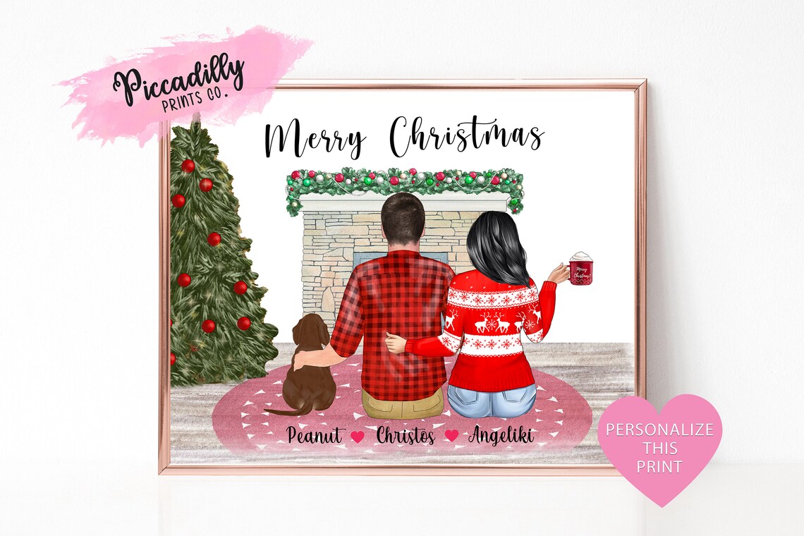 Custom Christmas Family Portrait, Personalized Couple With Pet Print