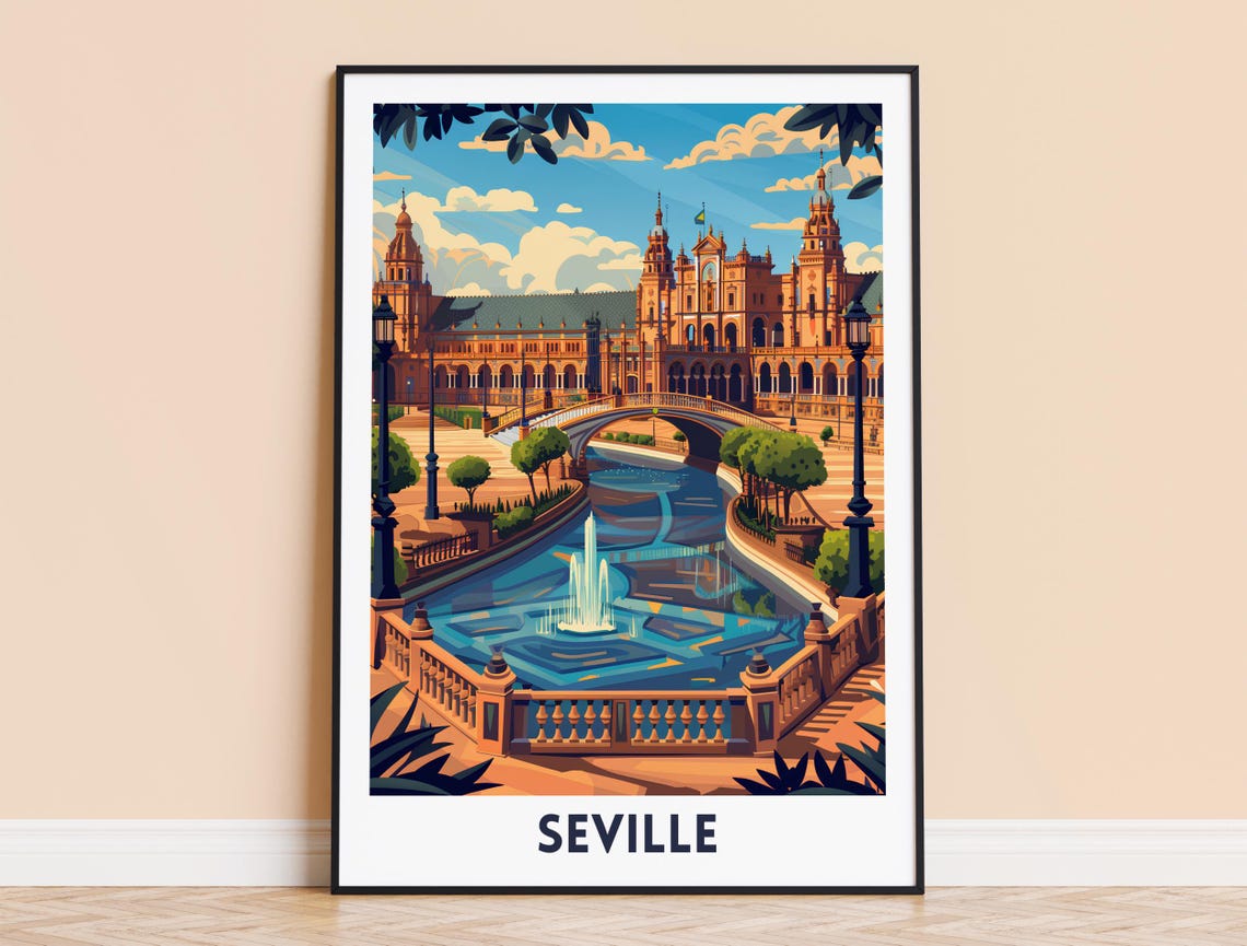 Seville Spain Plaza de Espana Fountain Bridge Vintage Travel Poster