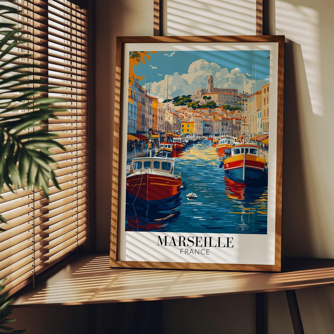 Marseille France Old Port Harbor Boats Hilltop Church Travel Poster - Image 2